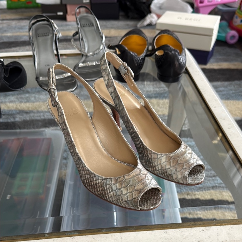 Stuart Weitzman Gray Peep-Toe Heels with Ankle Strap